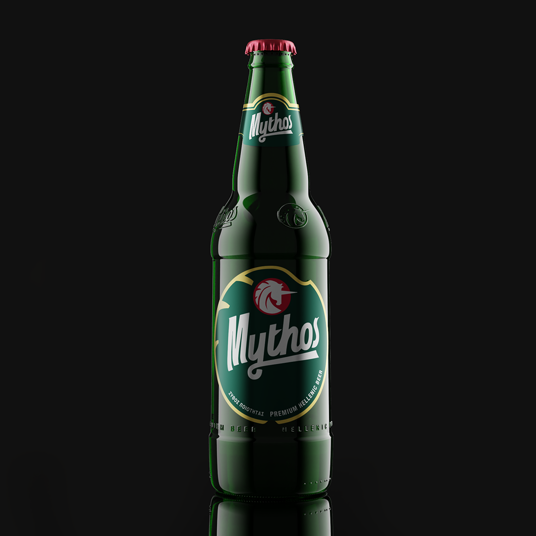3d computer visual image of a Mythos beer bottle